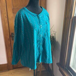 Vintage Plus Size Teal Floral Button Front Top 1X Cotton Boho Cottagecore Fairy